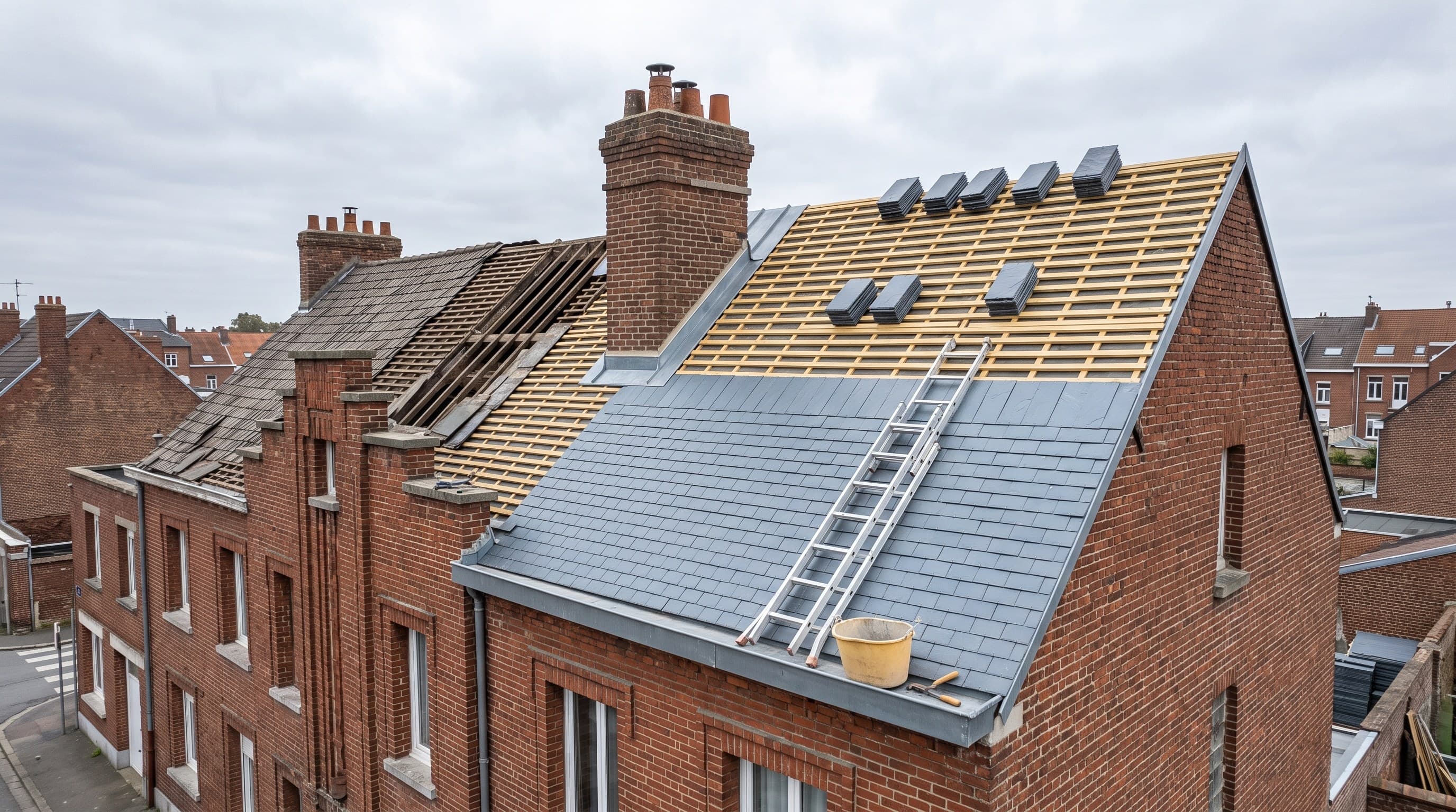 Réfection d'une couverture en ardoise sur un immeuble de brique du secteur reconstruit de Saint-Quentin