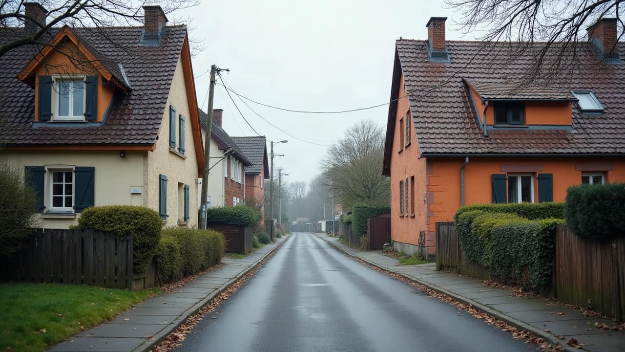 Vue rapprochée d'une limite entre deux toitures voisines, l'une en ardoise, l'autre en tuile, même rue résidentielle