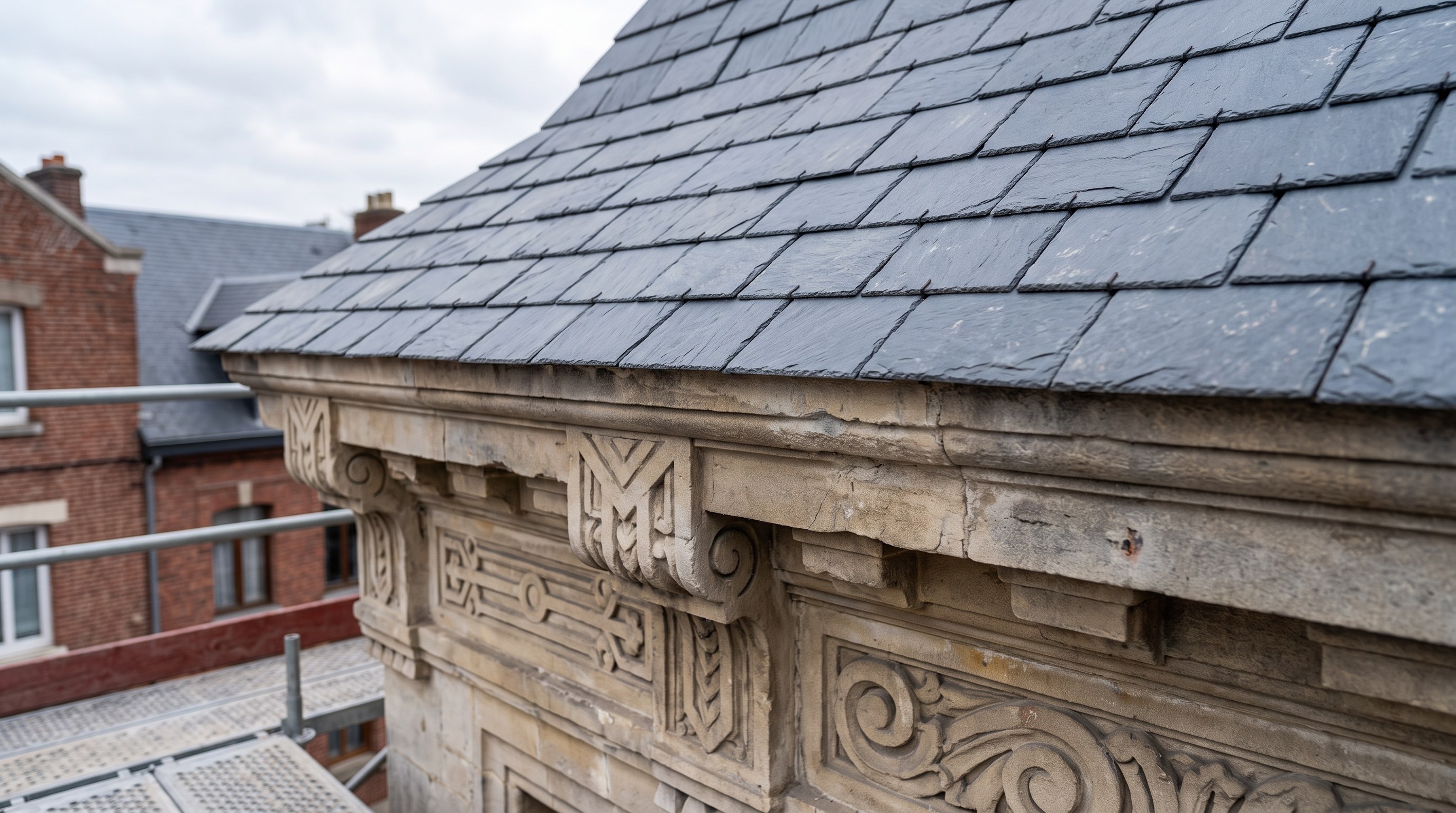 Détail architectural d'une corniche en pierre sculptée sous une toiture en ardoise, angle serré, aucun élément de texte visible