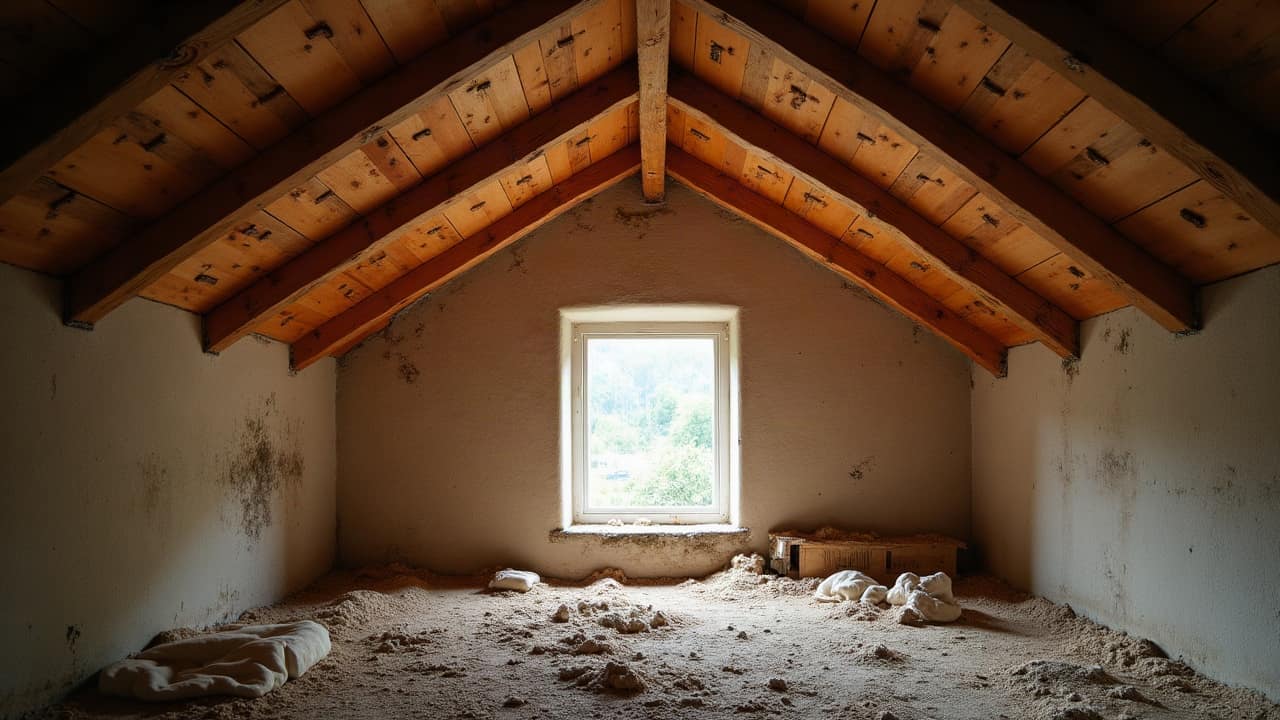 Vue de combles anciens avec charpente en bois massif, poutres apparentes, lumière filtrée par une petite lucarne