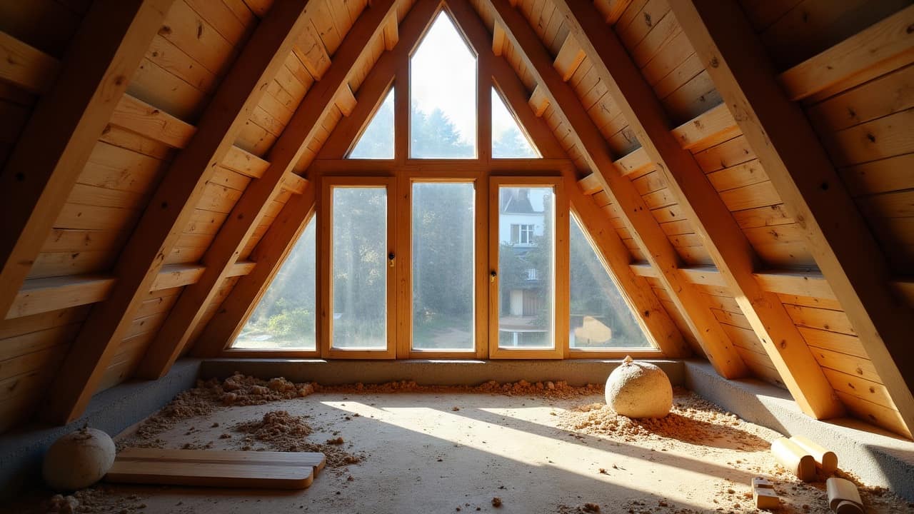 Vue de combles d'une maison de village avec charpente en bois traditionnel, assemblage visible, lumière naturelle tamisée