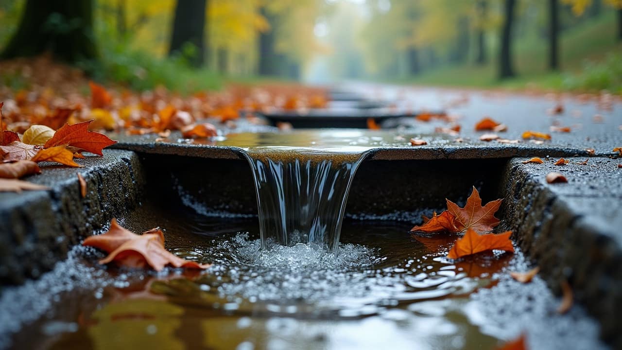 Descente d'eau pluviale avec crapaudine visible, quelques feuilles accumulées à l'entrée, matériau métallique