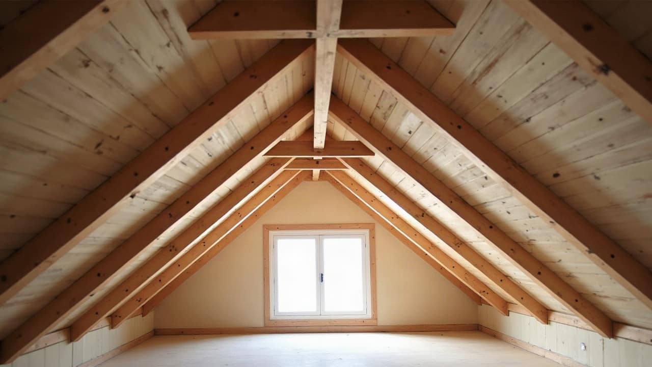 Détail d'un rampant de combles aménagés avec plafond incliné et poutre apparente, finition soignée, lumière naturelle
