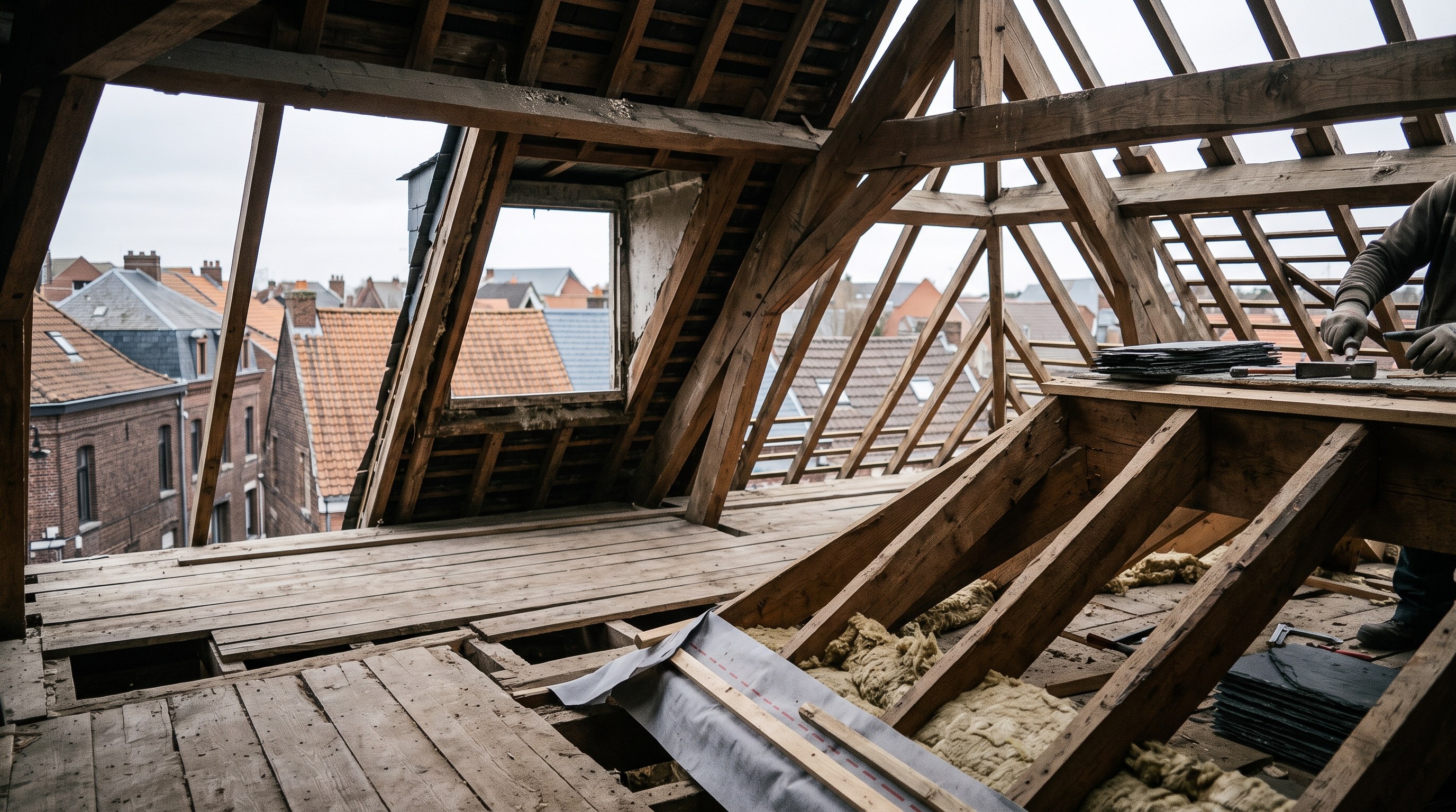 Vue de combles non aménagés avec charpente en bois apparente, lumière naturelle entrant par une petite ouverture, aucun texte visible