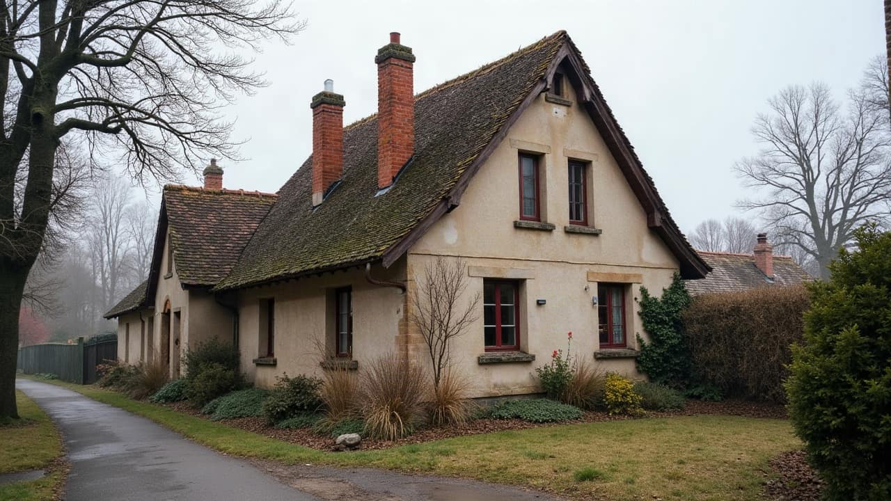 Cour intérieure d'une maison de bourg avec dépendance couverte en tuiles anciennes, texture patinée du matériau