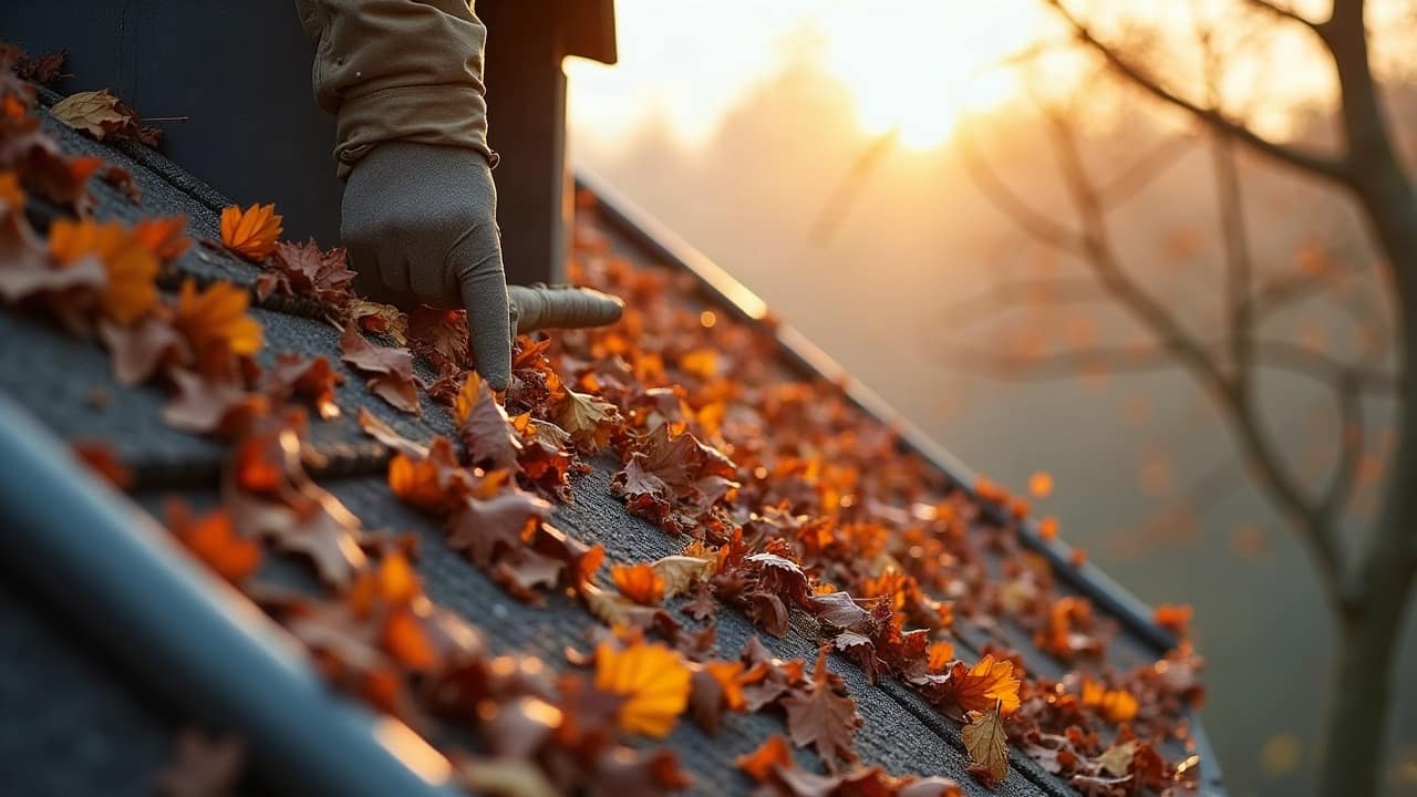 Gouttière et rebord de toiture en tuiles vus en gros plan, quelques feuilles accumulées, lumière de fin de journée