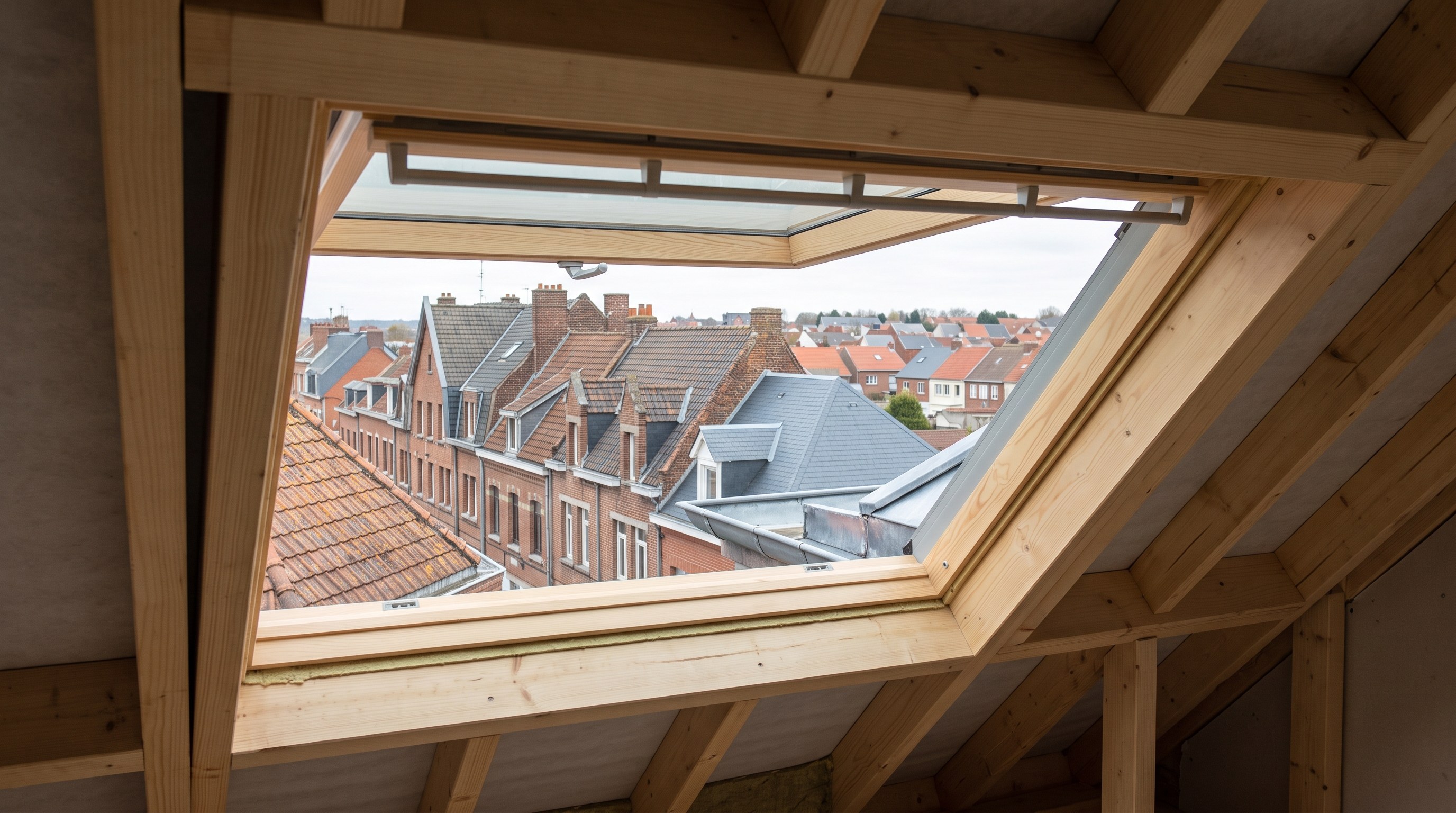 Détail d'une fenêtre de toit ouverte, vue depuis l'intérieur de combles aménagés, structure en bois visible autour de l'ouverture