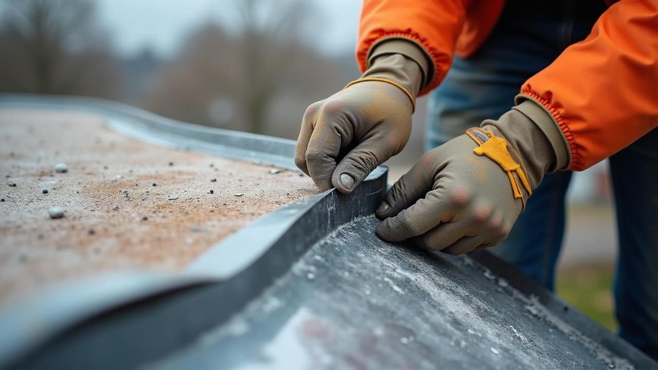 Détail d'une jonction de couverture neuve avec solin métallique propre, finition soignée, aucun texte visible dans le cadre