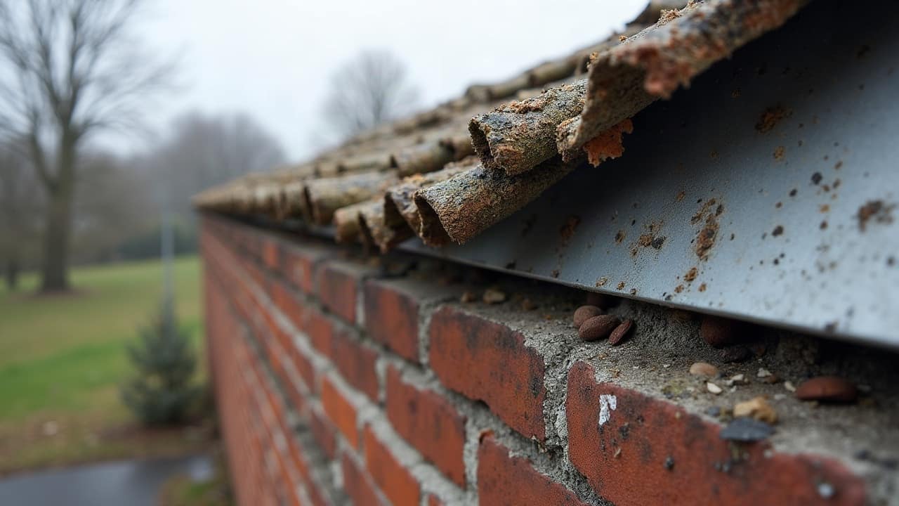 Gros plan sur une fixation de gouttière en métal patiné, léger dépôt de rouille localisé, texture du matériau visible