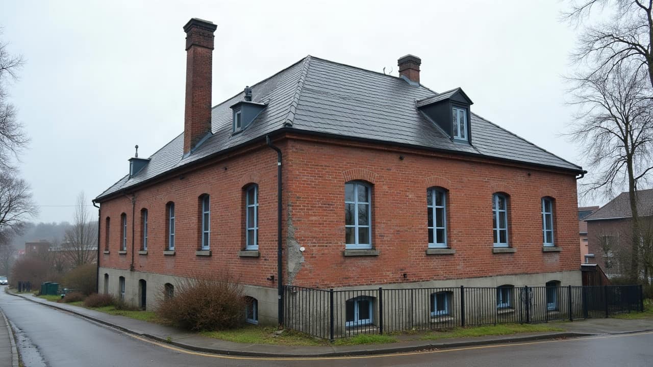 Vue d'un bâtiment industriel avec toiture plane et système d'évacuation d'eau visible, ciel couvert, aucun texte lisible