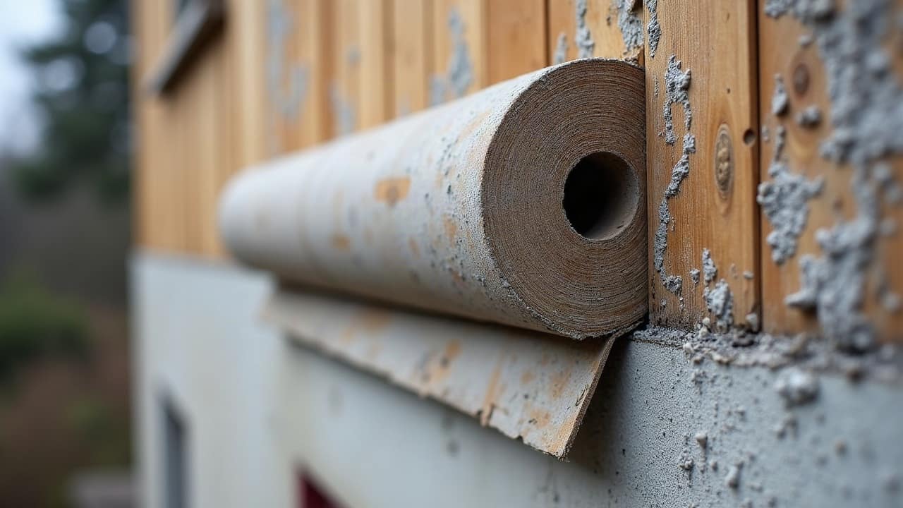 Rouleau d'isolant en cours de pose entre des chevrons de charpente, texture du matériau visible, lumière naturelle