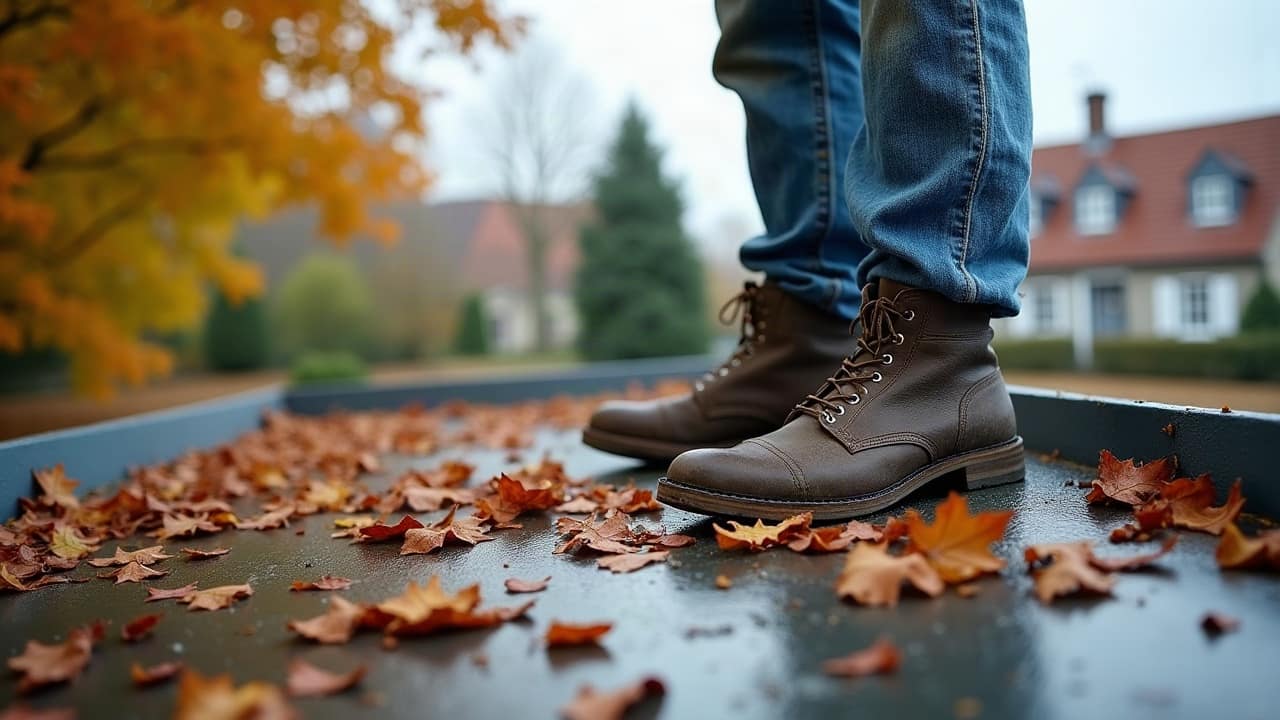 Gros plan sur une noue métallique de toiture avec quelques feuilles accumulées au fond du creux, tuiles environnantes