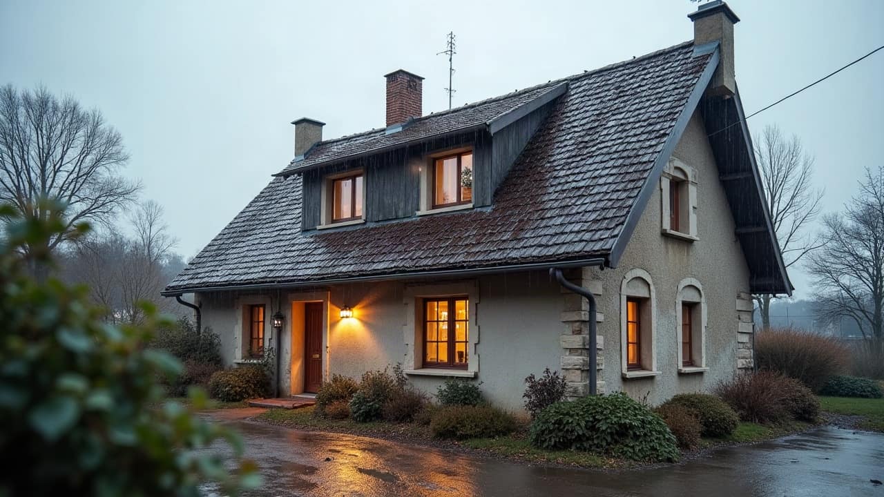 Gouttière débordante lors d'une forte pluie, eau visible s'écoulant en dehors du système d'évacuation, ciel orageux