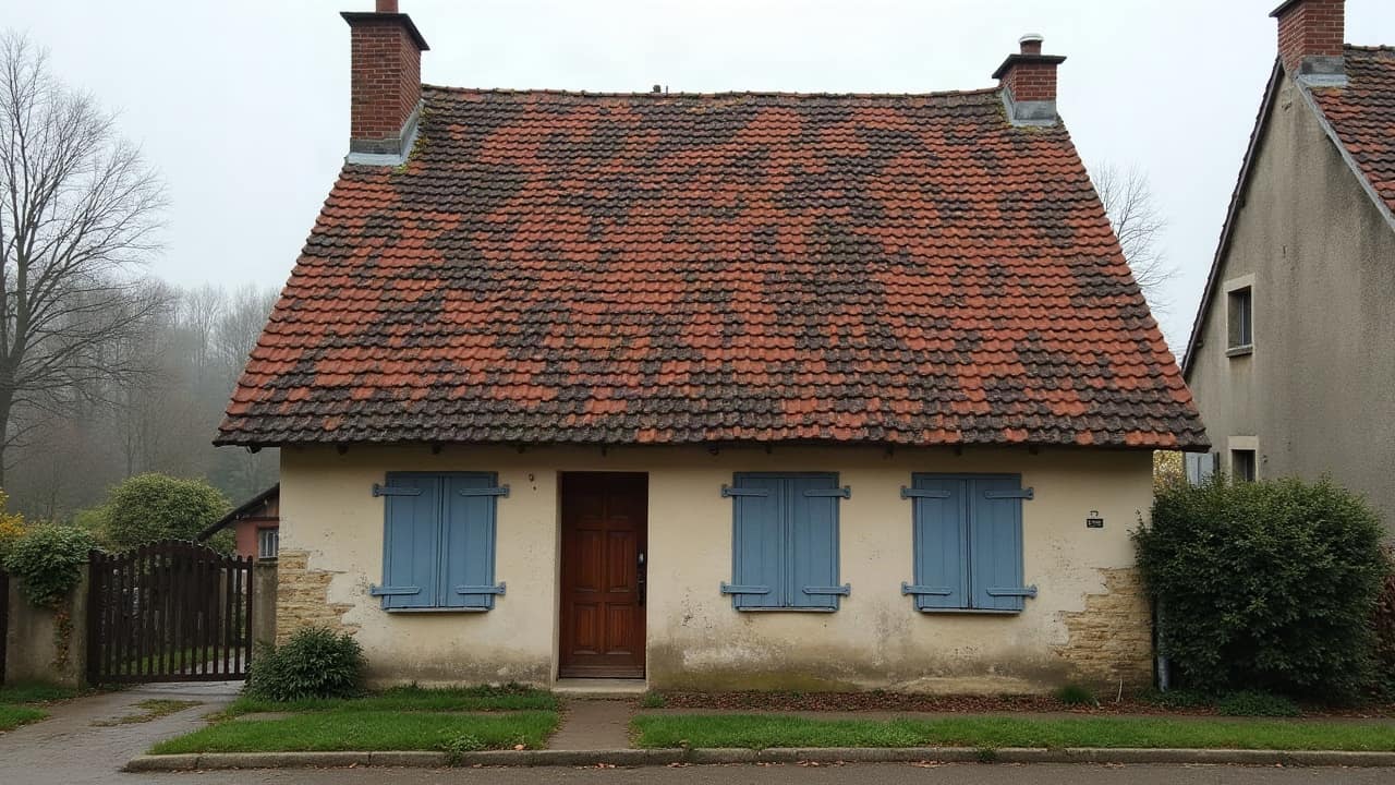 Petite maison de village avec toiture en tuiles anciennes, vue depuis la rue, façade en brique claire, aucun texte visible