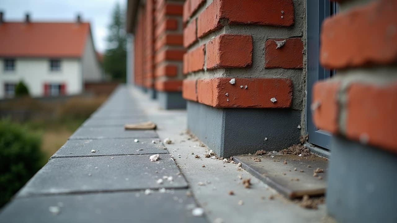 Détail rapproché d'un solin métallique entourant la base d'une souche de cheminée en brique, texture visible