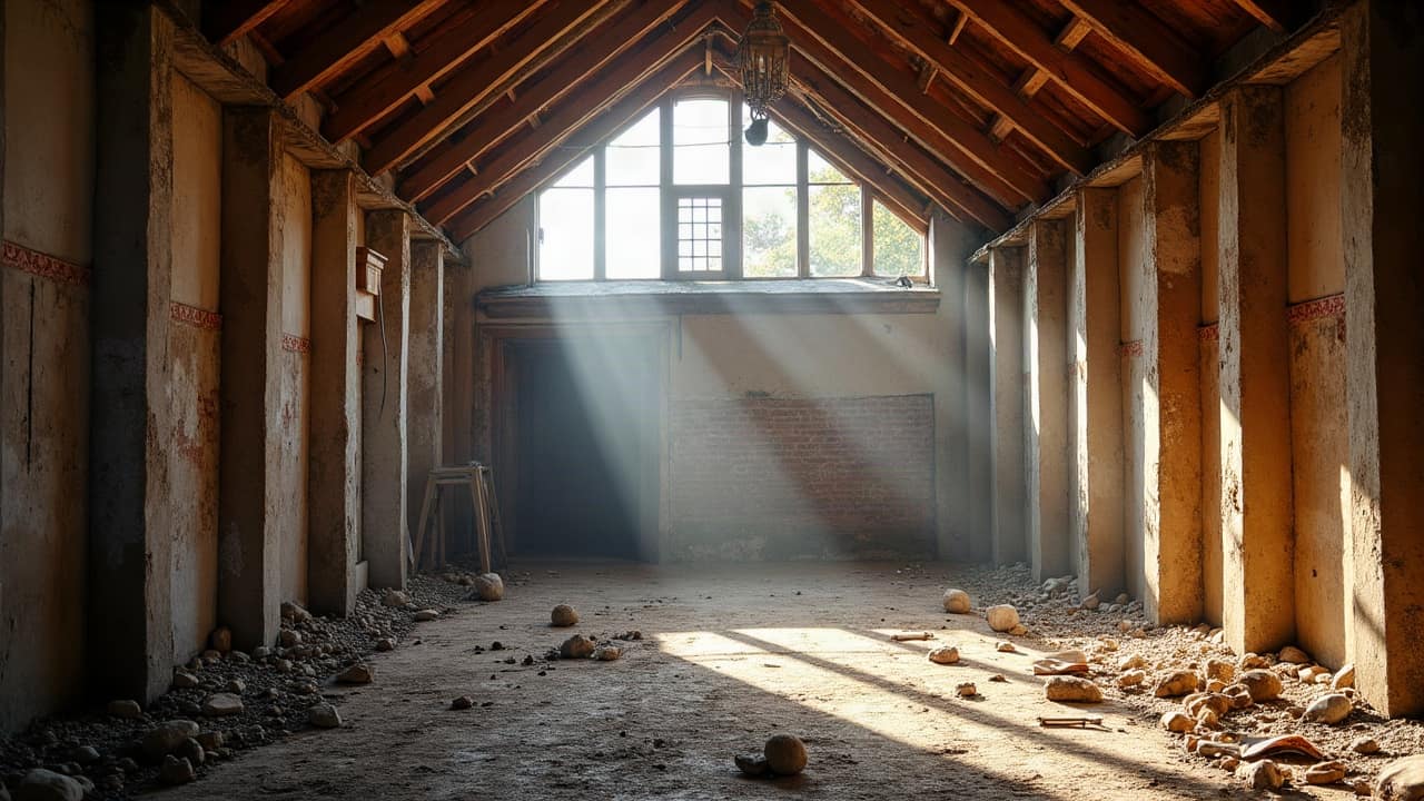 Vue de combles d'un ancien bâtiment industriel avec charpente à grande portée, structure en bois massif, lumière naturelle