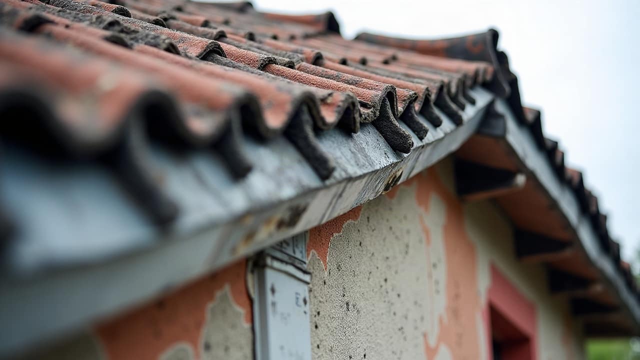 Détail d'une jonction de toiture neuve avec gouttière et descente d'eau pluviale, matériaux propres, aucun texte visible