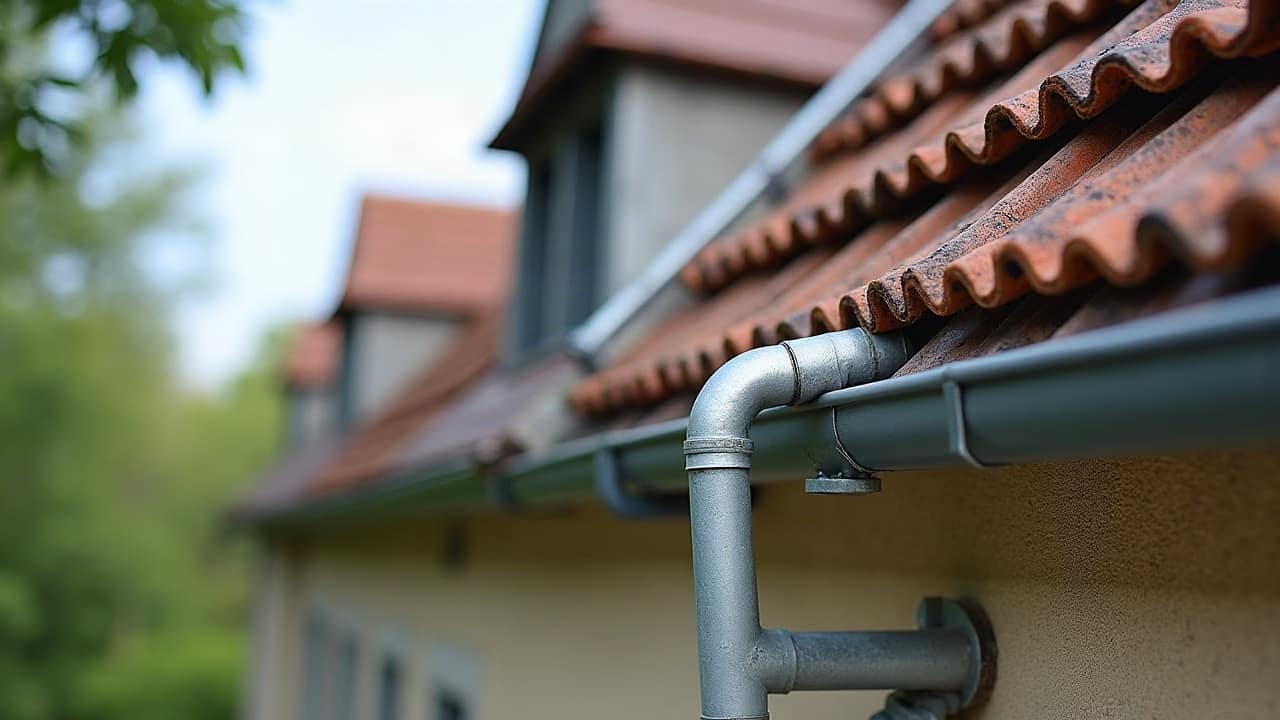 Gouttière métallique le long d'un rebord de toiture pavillonnaire, quelques feuilles visibles à l'intérieur du système