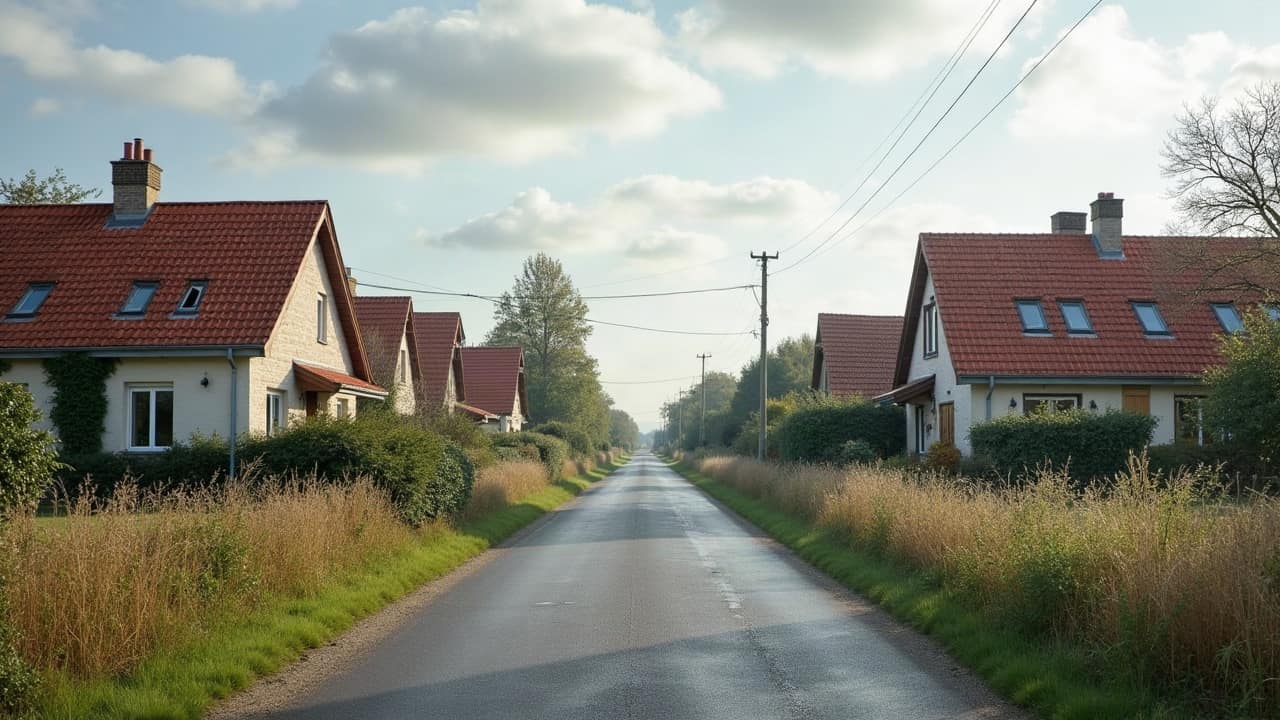 Route de campagne bordée de maisons individuelles avec toitures en tuiles, paysage du Vermandois, ciel nuageux